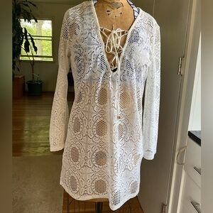 Blue Island Crochet Lace-up swimsuit coverup, off white, M, MSRP $59